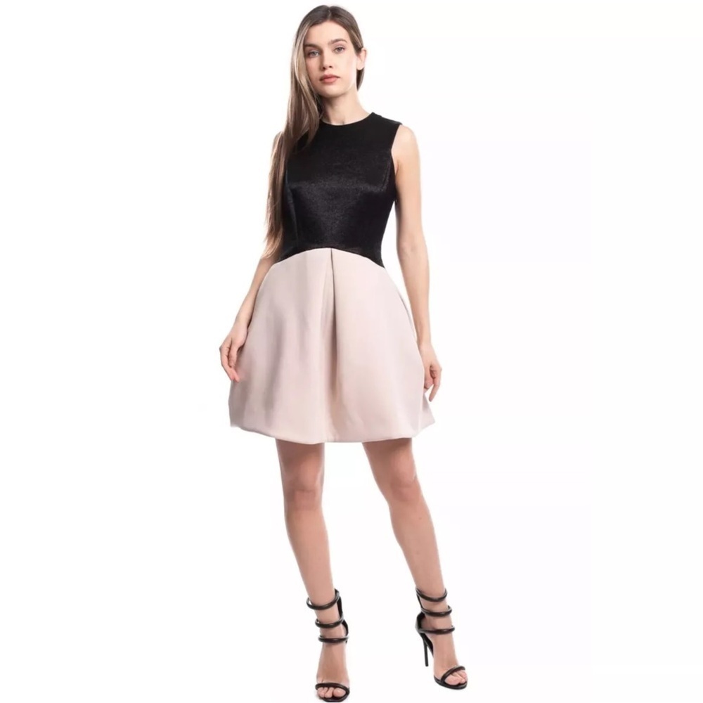Halston Heritage jacquard Fit Flare Color block puff cocktail Mini Dress 2